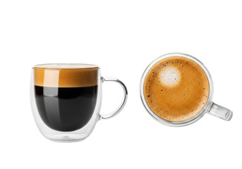 Naklejka premium Two clear double-walled glass mugs with black americano coffee and steam on a white background with copy space, side and top view. Concept for beverage advertising