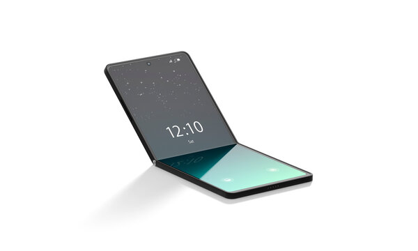 Blank turned on flexible chamshell phone display half folded mockup png, transparent background, 3d rendering. Empty arched touchscreen with interface mock up, cut out. Locked screensaver on device.