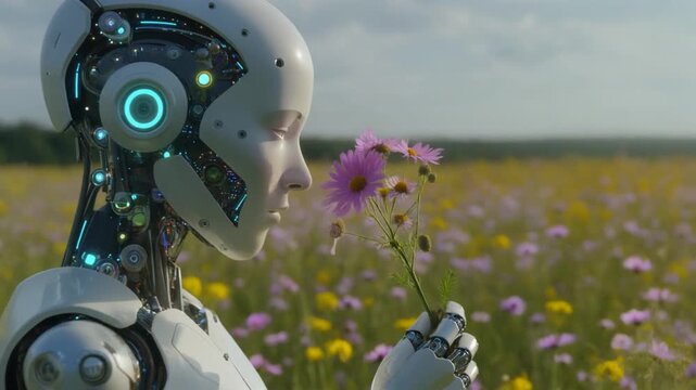 Robot picking flowers in wildflower field. AI face profile. Artificial intelligence in humanoid head take in hand artificial robotic flower. close shot 