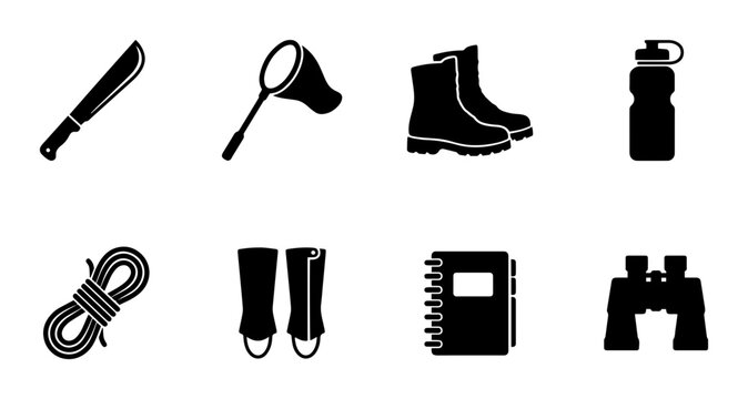 Outdoor Adventure Gear Icons: Machete, Net, Boots, Water Bottle, Rope, Binoculars, Notebook