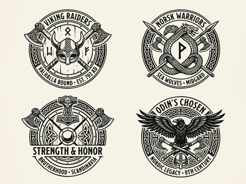 Norse Viking Symbols Emblems Featuring Axes Helmets and Ravens