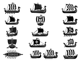 Viking Ship Designs Silhouette Collection Vector Graphics Set © Clovernand