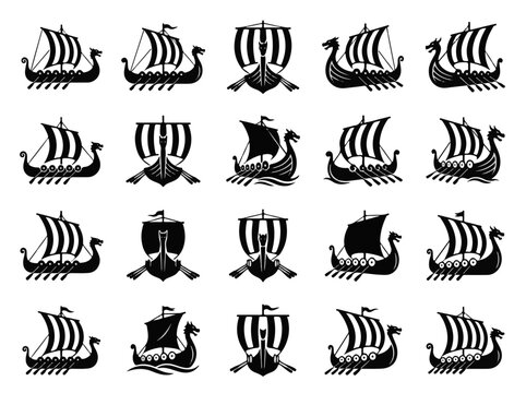 Viking Ship Icon Set Ancient Scandinavian Longboat Design Elements