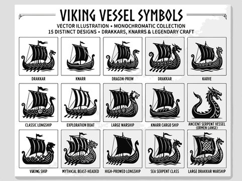 Viking Ship Symbols Vector Illustration Monochromatic Collection