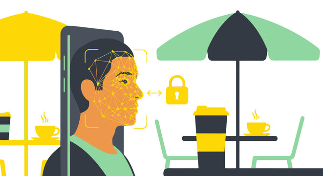 Mans face scanned by smartphone technology for security.