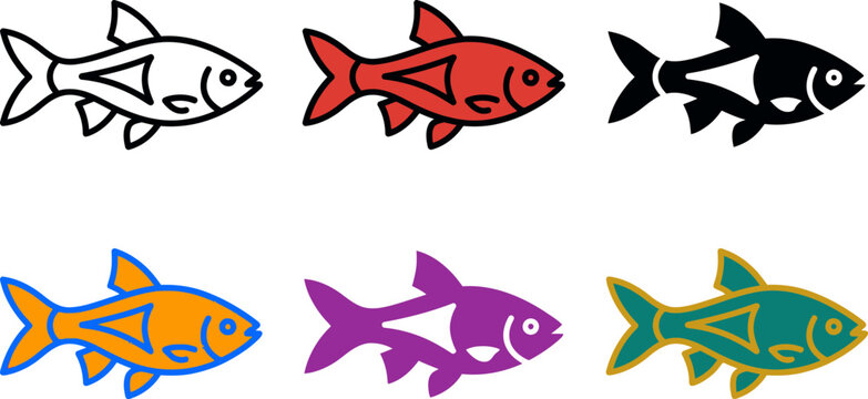 Colorful fish icons in different colors on white background