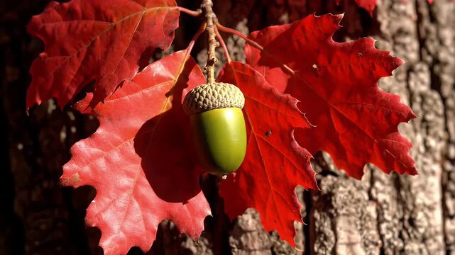 A single green acorn hanging from an oak tree branch surrounded by vibrant red autumn fall leaves