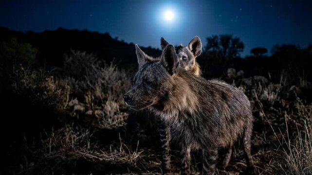 two brown hyenas under moonlight blue light southern africa video