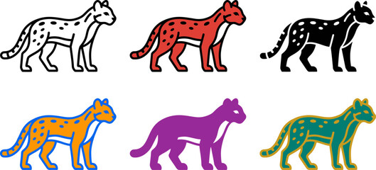 Colorful illustrations of cheetahs in different colors and styles walking sideways © Khatunay JANNATARA