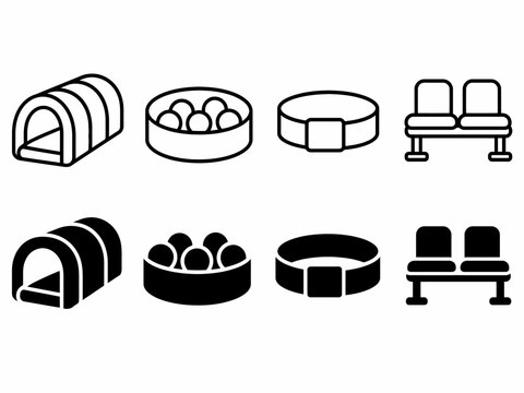Set of eight playground and seating icons in black and white