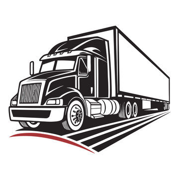 Black and white illustration of a semi truck trailer driving on a road