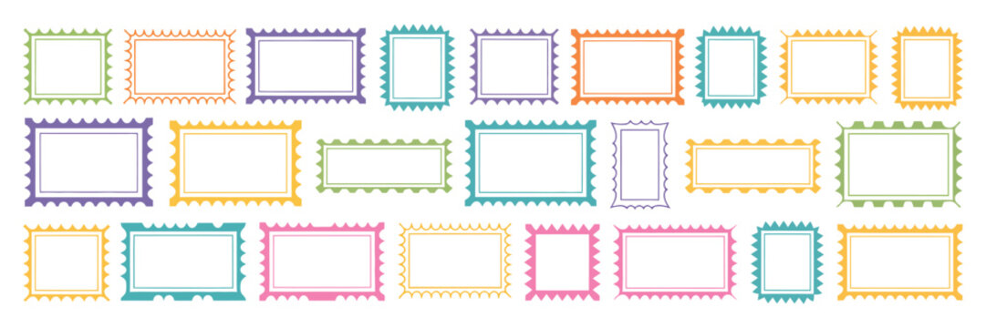 Colorful squiggle frames, zigzag wavy edges, retro scallop borders, psychedelic rectangles, photo frames, text boxes, tags and labels.