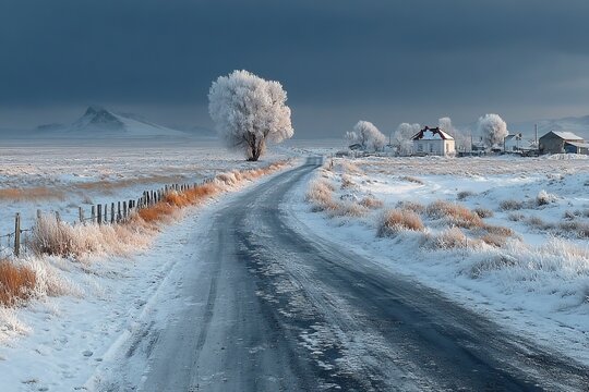 Winters Embrace - A Snowy Road Leading to a Frosty Farmhouse.