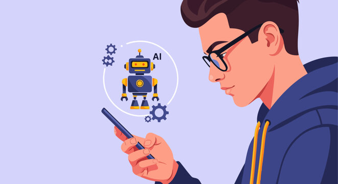 Young man in glasses using smartphone with AI robot icon.