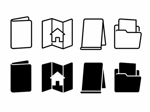 Black and white document icons: folders, maps, brochures, files in minimalist style