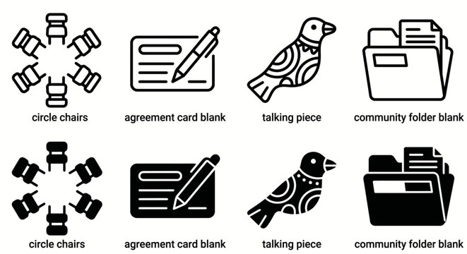 Icons of circle chairs, agreement card, talking piece, community folder