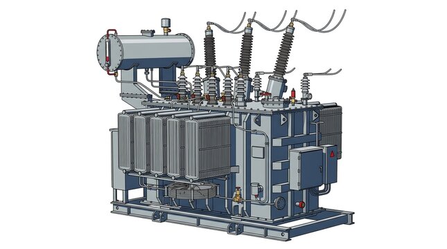 Industrial power transformer electrical substation equipment for energy transmission isolated on white background detailed illustration