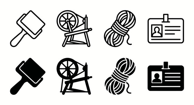 Collection of crafting tools and id badges in simple icons