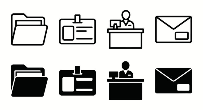 Office icons: folders, id badges, desk, envelope - black and white vector set