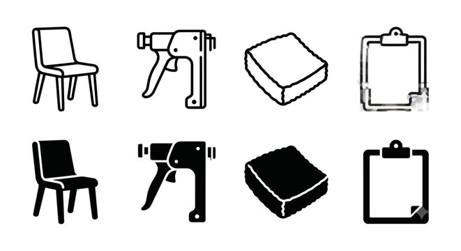 Set of eight black and white icons featuring chair, staple gun, sponge, and clipboard