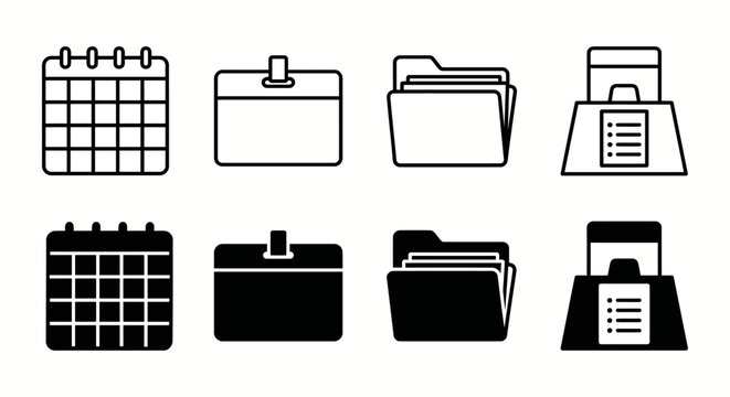 Set of calendar, badge, folder, and file box icons in black and white