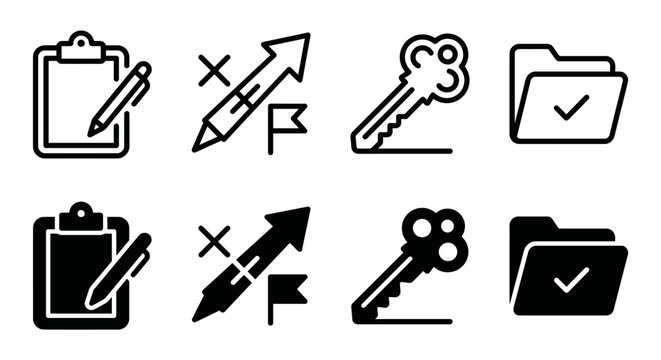 Outline and filled icon set: clipboard, arrow, key, folder with checkmark symbols