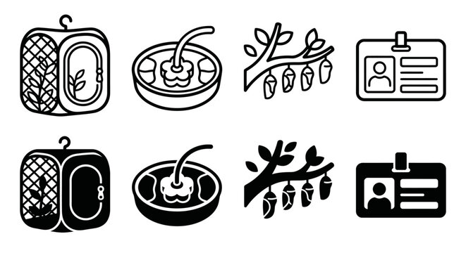 Silhouette icons of pet carrier, cherry bowl, cocoon branch, id card in black and white