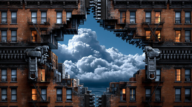 Immeuble en briques surr&eacute;aliste dont la fa&ccedil;ade int&egrave;gre une immense fermeture &eacute;clair ouverte, d&eacute;voilant un ciel bleu aux nuages cotonneux &agrave; l'int&eacute;rieur du b&acirc;timent