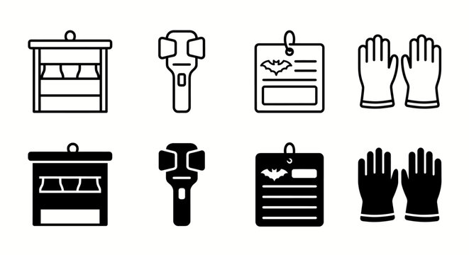 Set of black and white ski gear icons including goggles and gloves