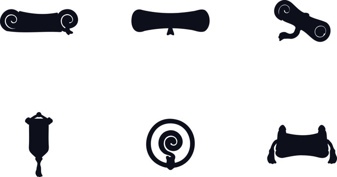 Collection of diverse antique scroll banners and historical document icons isolated on transparent background