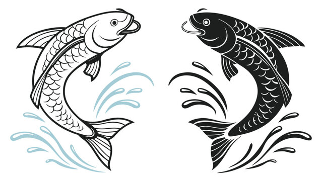Two jumping fish silhouette illustration, vector graphic design element