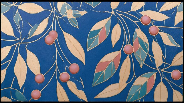 Flat illustrative seamless pattern with varied leaves and berries on deep blue background, featuring light tan outline and solid leaves, teal and muted coral mosaic segmented foliage