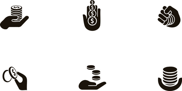 Collection of six flat icons representing hands holding or stacking money coins with dollar signs
