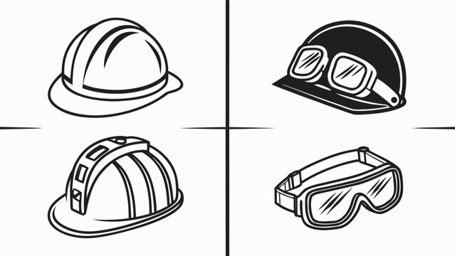 Vector illustration set of construction safety equipment icons including hard hats and protective goggles