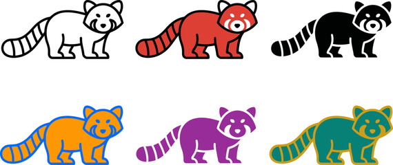 Six colorful red panda illustrations in different colors and styles standing on white background © Khatunay JANNATARA