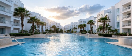 Obraz premium A luxury resort with modern architecture beside a calm water area. The sunset enhances the resort's elegant features