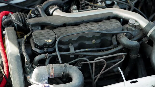 Close up of dirty internal combustion diesel engine. Engine cover with 'DIESEL' inscription. Hoses, wires, metal tubing show intricate components. Vehicle mechanics and automotive engineering.