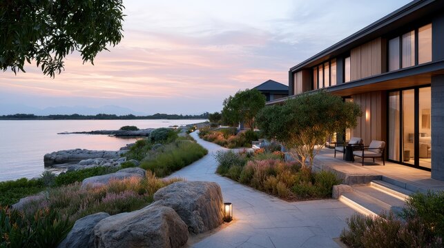 A luxury resort getaway features a clear pool lined with sun loungers and tall palm trees on a sunny day near the water