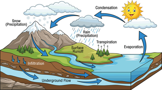 Water Cycle Infographic Vector Illustration Displaying Hydrological Stages Featuring Evaporation, Transpiration, Condensation, Rain and Snow Precipitation, Surface Runoff, and Underground Flow