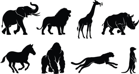 Set of African wild animal black silhouettes including elephant lion giraffe rhinoceros zebra gorilla cheetah and meerkat © MdAbdur