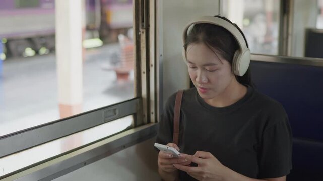 Traveler using a smartphone with headphones inside a train, ideal for travel lifestyle, mobile app, music streaming, commuting and railway journey concepts.