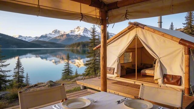 luxury safari tent beside pristine mountain lake with untouched breakfast table and wide negative space perfect for Camping and Outdoor Adventure