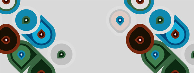 Fototapeta premium Abstract geometric shapes, circles, ovals, brown, blue, green. Minimalist design, repeating pattern, light gray background. Simple forms.