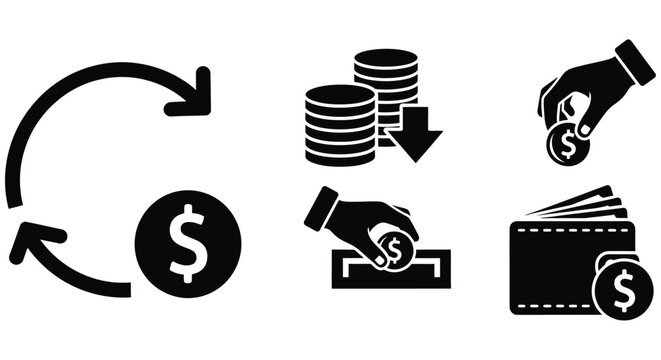 Financial transaction icons including currency exchange and payment methods black silhouette