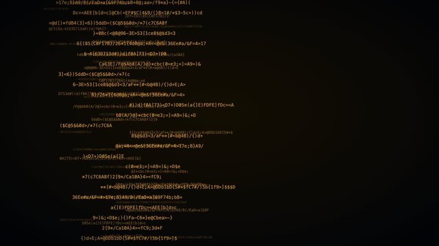 Amber term layered code planes hacker code background, digital data stream motion loop
