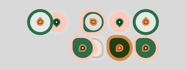 Naklejka premium Abstract design features circular elements, droplets, location pins. Colors include green, orange, beige. Minimalist style, flat illustration.