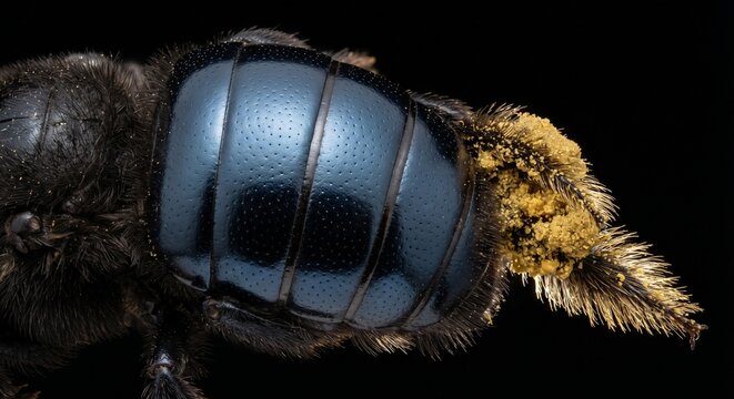 Close up of carpenter bee shiny hairless abdomen and hind leg carrying yellow pollen