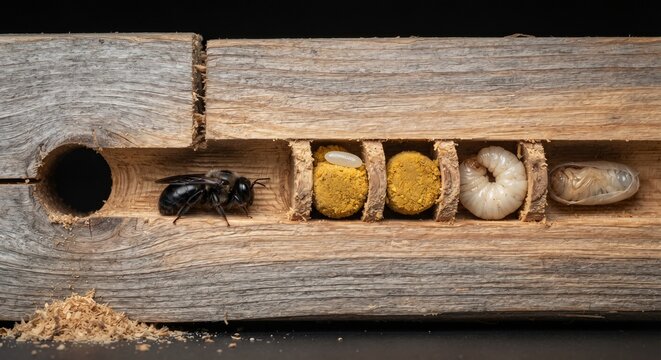 Cross section of wooden nest showing complete life cycle stages of carpenter bee