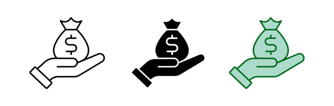 Money Bag in Hand Icon Set, Dollar Wealth and Financial Savings Symbols Vector