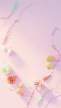 Raksha Bandhan flat-lay of rakhi threads, gifts and sweets celebrating the sibling bond in soft colours, copy space
